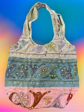 Embroidered Pastel Floral Sequin Tote Bag